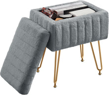 Load image into Gallery viewer, Casabay Vanity Stool Chair with Storage, Faux Fur Footstool Ottoman with Metal Legs & Anti-Slip Adjustable Feet for Bedroom, Entryway (Gray)