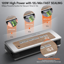 Load image into Gallery viewer, Vacuum Sealer Machine, Powerful 90kPa 120W Wide Seal All-in-1 Food Storage Sealer with 2 Bag Rolls and 5pcs Pre-cut Bags, Built-in Cutter, Bags Storage and Digital Countdown Display