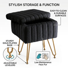 Load image into Gallery viewer, Casabay Vanity Stool Chair with Storage, Faux Fur Footstool Ottoman with Metal Legs & Anti-Slip Adjustable Feet for Bedroom, Dorm, Black