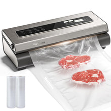 Load image into Gallery viewer, Vacuum Sealer Machine Powerful 90Kpa Precision 6-in-1 Food Preservation System with 2 Bag Rolls & 5 Pre-cut Bags, Widened 12mm Sealing Strip, Built-in Cutter, Dry&Moist Modes, Compact Design, Silver
