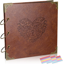 Load image into Gallery viewer, Dreamlify Scrapbook Photo Album, 50 Pages (10x10") DIY Leather Photo Album Self Adhesive Pages Heart Cover Scrapbook, Baby Scrapbook Album Wedding Guest Book, School Memory Book
