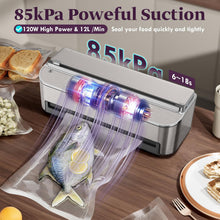 Load image into Gallery viewer, Vacuum Sealer Machine 85kPa 120W Powerful Sealing System, Automatic Food Sealer with 2 Bag Rolls and 5pcs Pre-cut Bags, Built-in Cutter, Bags Storage, Moist Mode and Air Suction Hose
