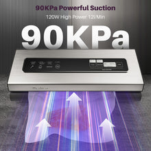 Load image into Gallery viewer, Vacuum Sealer Machine Powerful 90Kpa Precision 6-in-1 Food Preservation System with 2 Bag Rolls &amp; 5 Pre-cut Bags, Widened 12mm Sealing Strip, Built-in Cutter, Dry&amp;Moist Modes, Compact Design, Silver
