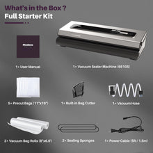 Load image into Gallery viewer, Vacuum Sealer Machine Powerful 90Kpa Precision 6-in-1 Food Preservation System with 2 Bag Rolls &amp; 5 Pre-cut Bags, Widened 12mm Sealing Strip, Built-in Cutter, Dry&amp;Moist Modes, Compact Design, Silver
